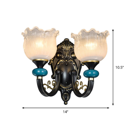 Frendorf | 1/2-Bulb Floral Wandleuchte Antiqued Schwarz Opal Gerippte Glas Gebogene Arm Wandmontierte Lampe