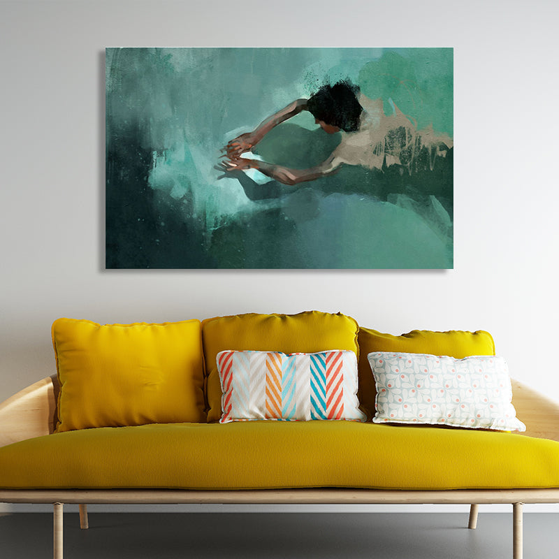 Grünes Pool- und Schwimmer-Leinwandstrukturoberfläche Modernes Wohnzimmer Wandkunst
