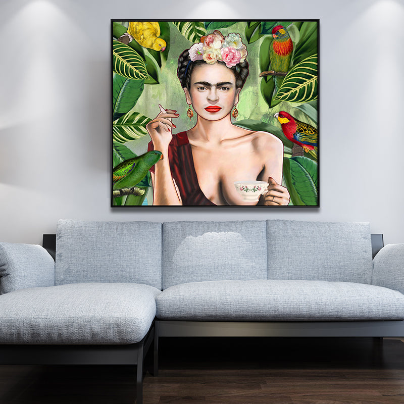 Frendorf | Bohemian Leinwandkunst in Grün Frida Kahlo Selbstporträt Gemälde für Hausinterieur