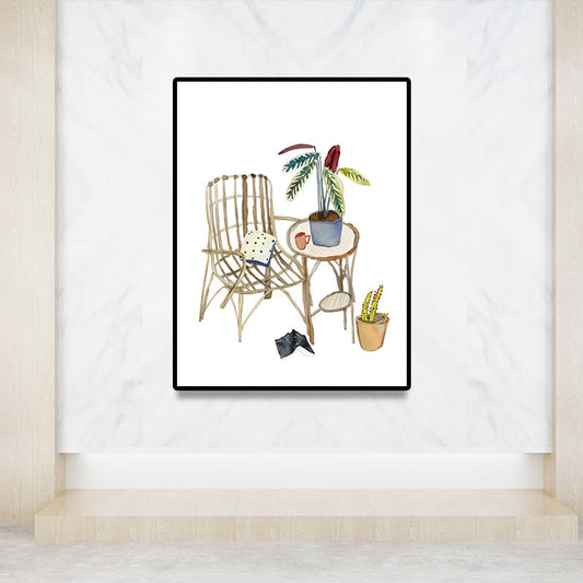 Frendorf | Braun Rattanstuhl Malerei Freizeit Moderne Dekorative Leinwand Wandkunst für Gästezimmer