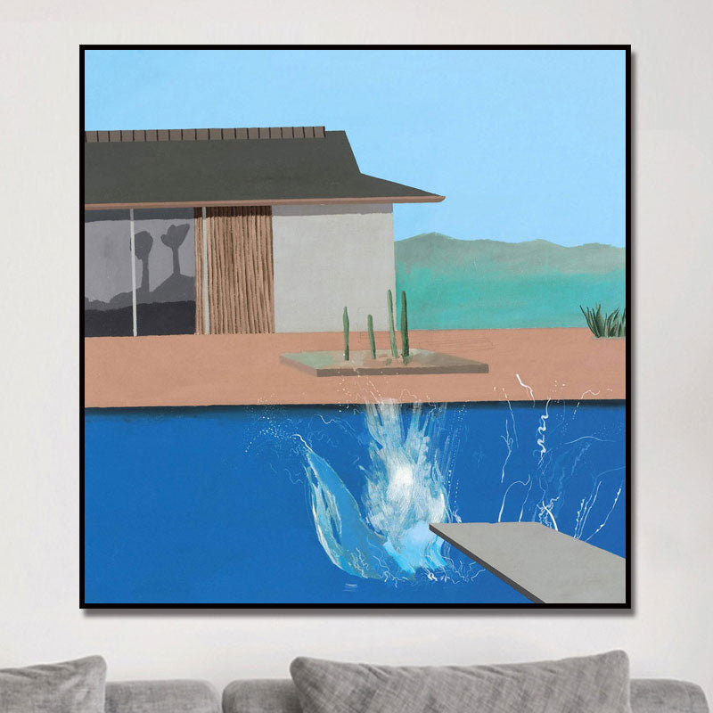 Frendorf | Haus und Schwimmbad Leinwand Texturiert Zeitgenössischer Stil für Jungen Schlafzimmer Malerei
