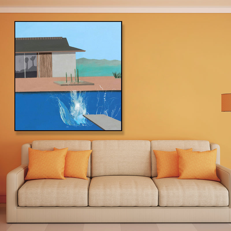 Frendorf | Haus und Schwimmbad Leinwand Texturiert Zeitgenössischer Stil für Jungen Schlafzimmer Malerei