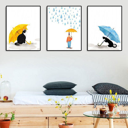 Cartoon Regen und Regenschirm Leinwand Hellfarbe Wandkunst Dekor für Spielzimmer