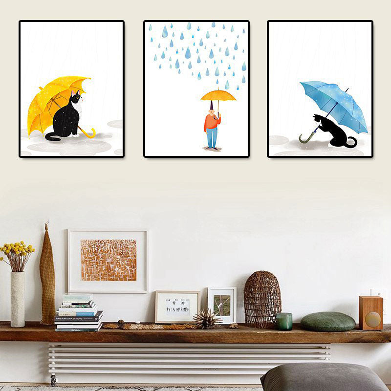 Cartoon Regen und Regenschirm Leinwand Hellfarbe Wandkunst Dekor für Spielzimmer