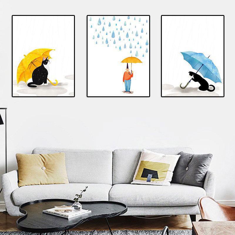 Cartoon Regen und Regenschirm Leinwand Hellfarbe Wandkunst Dekor für Spielzimmer