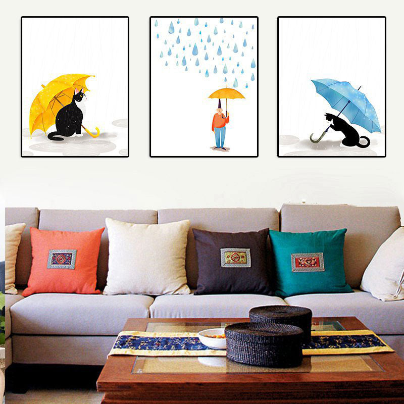 Cartoon Regen und Regenschirm Leinwand Hellfarbe Wandkunst Dekor für Spielzimmer
