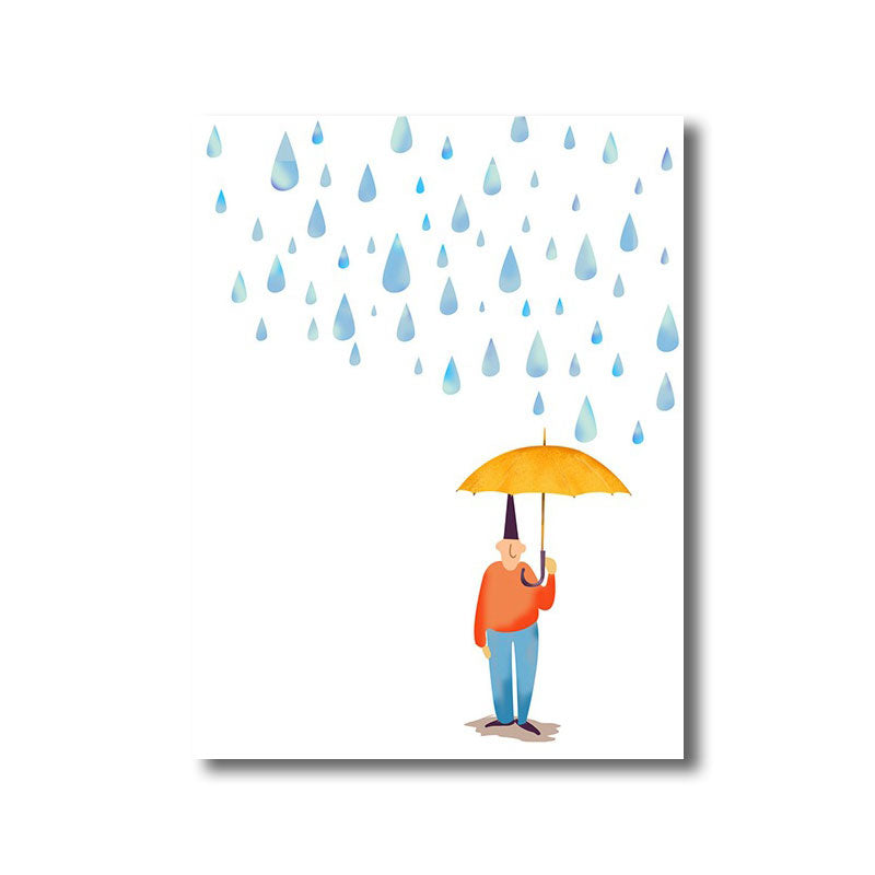 Cartoon Regen und Regenschirm Leinwand Hellfarbe Wandkunst Dekor für Spielzimmer