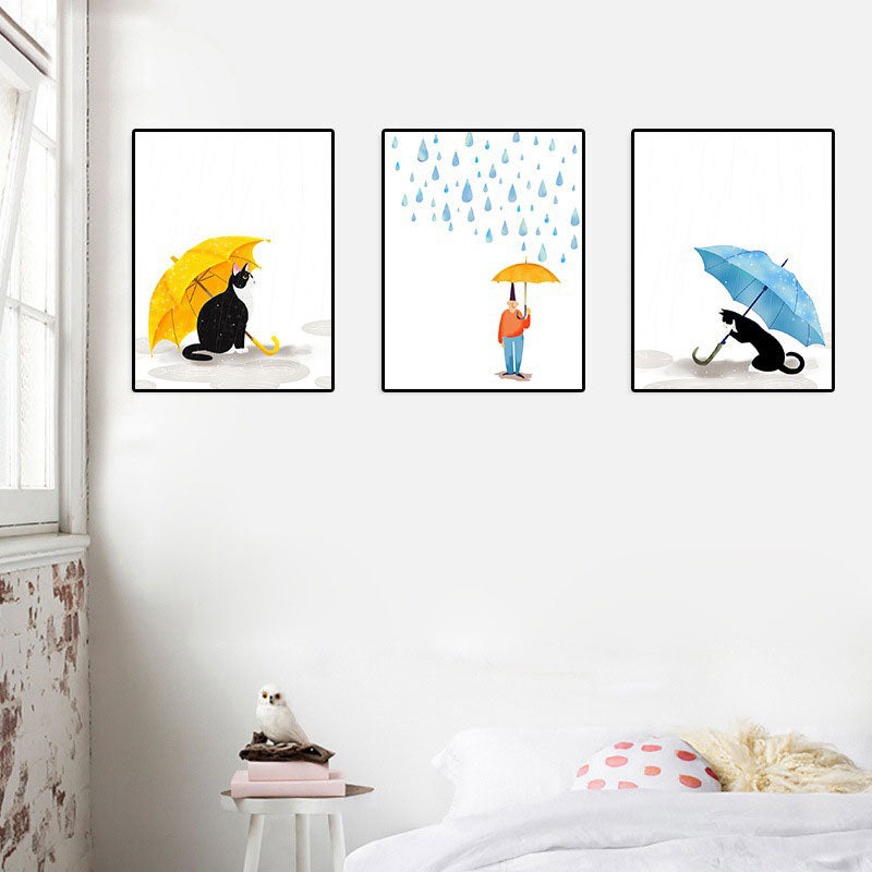 Cartoon Regen und Regenschirm Leinwand Hellfarbe Wandkunst Dekor für Spielzimmer