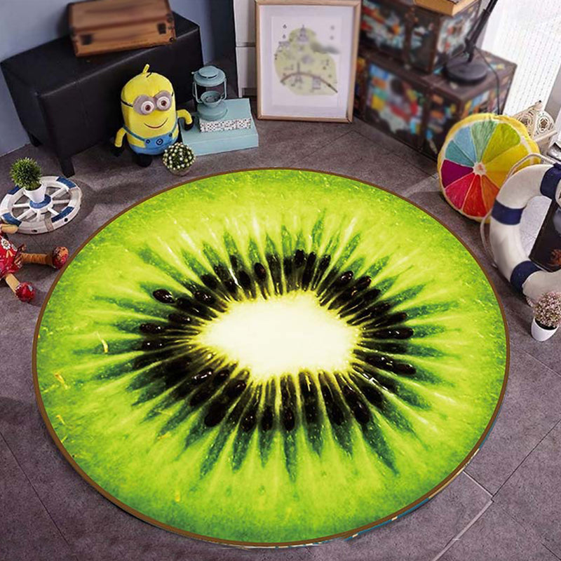 Frendorf | Kinder Kinderzimmer Teppich in Grün Essen & Getränke Wassermelone Kiwi Frucht Bonbon Print Teppich Polyester Rutschfester Teppich