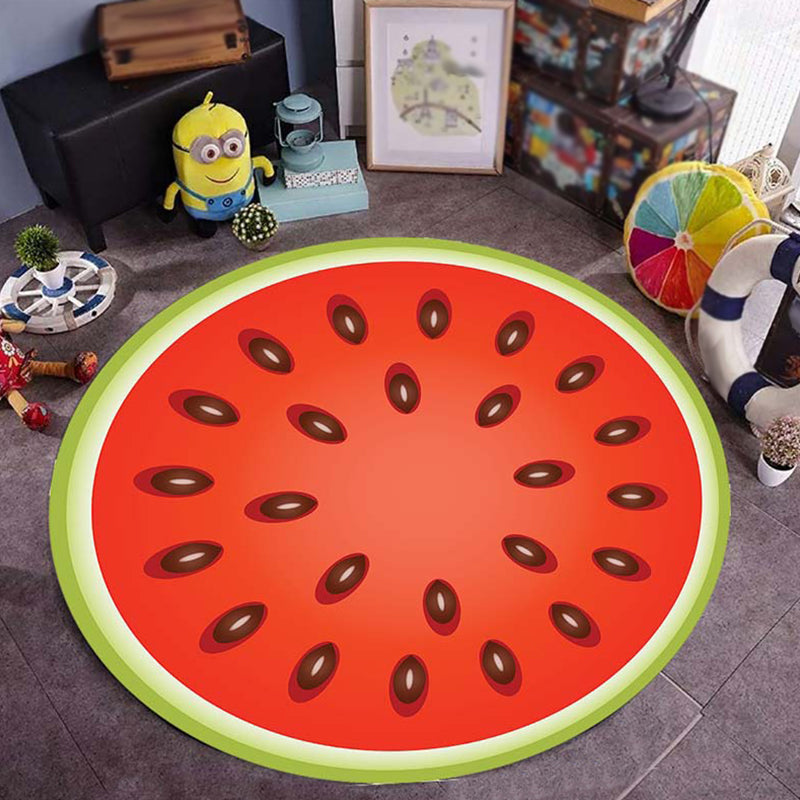 Frendorf | Kinder Kinderzimmer Teppich in Grün Essen & Getränke Wassermelone Kiwi Frucht Bonbon Print Teppich Polyester Rutschfester Teppich