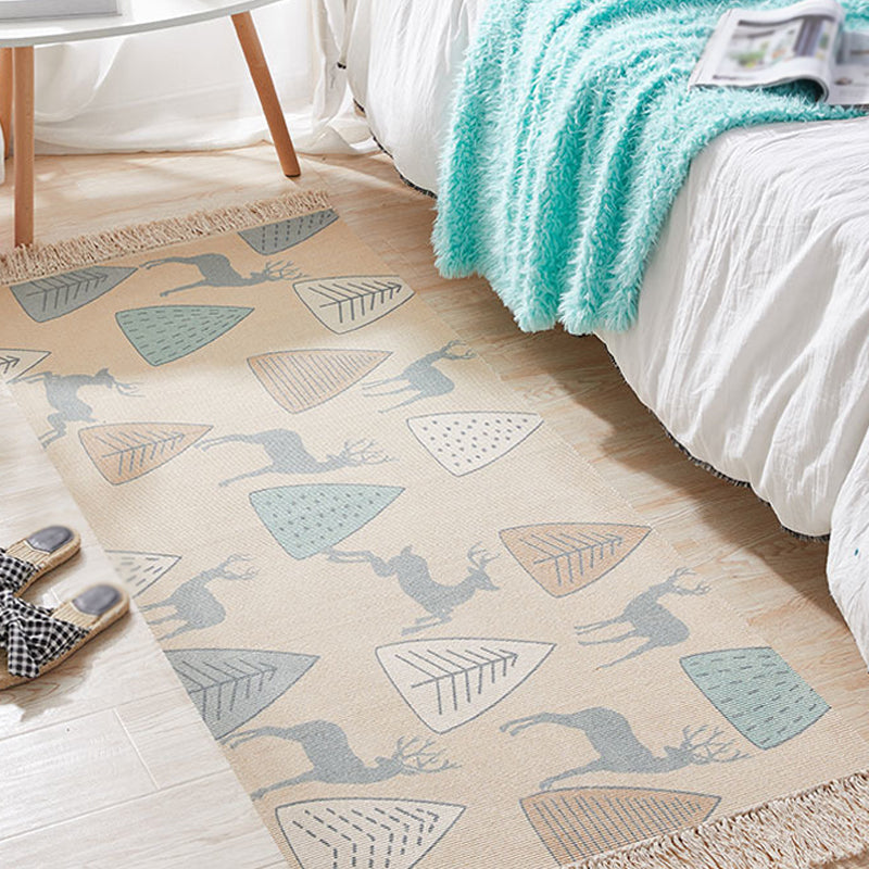 Frendorf | Unique Kids Rug in Ivory Animal Deer Tree Pattern Rug Cotton and Linen Washable Fringe Carpet for Children's Room