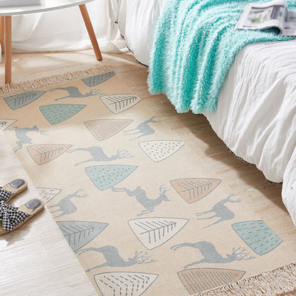 Frendorf | Unique Kids Rug in Ivory Animal Deer Tree Pattern Rug Cotton and Linen Washable Fringe Carpet for Children's Room