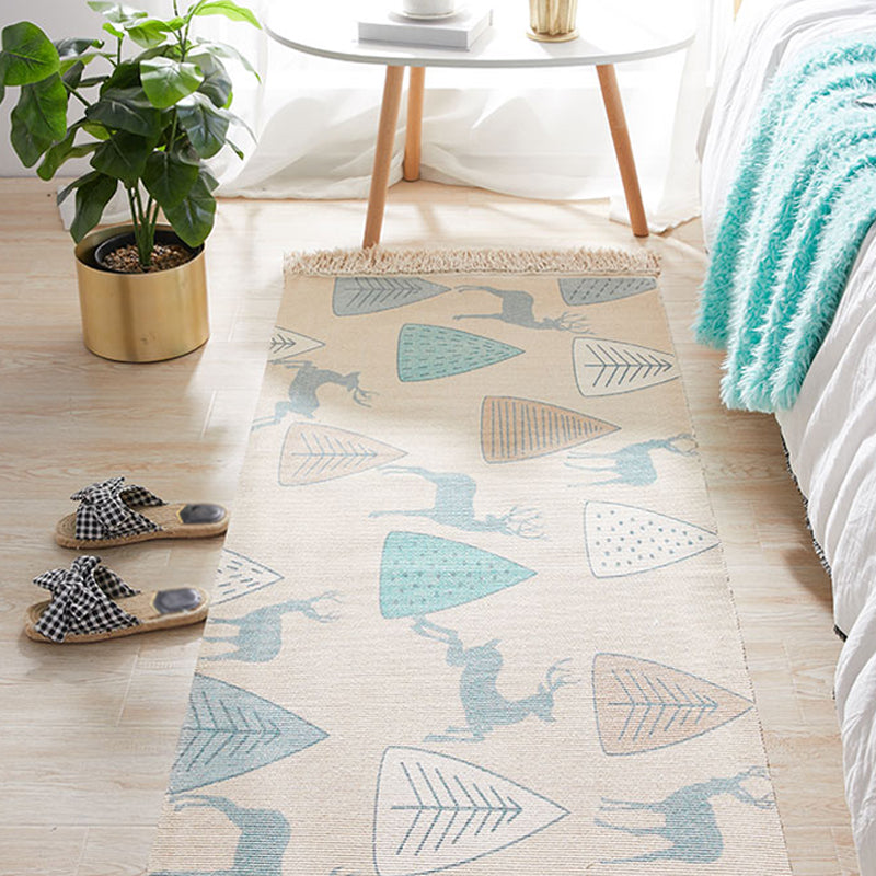 Frendorf | Unique Kids Rug in Ivory Animal Deer Tree Pattern Rug Cotton and Linen Washable Fringe Carpet for Children's Room