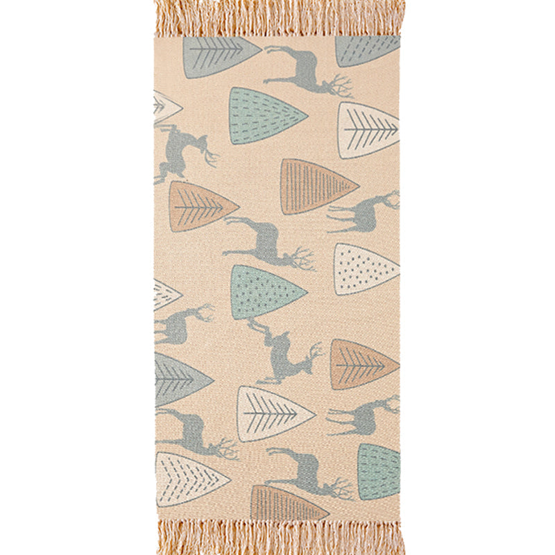 Frendorf | Unique Kids Rug in Ivory Animal Deer Tree Pattern Rug Cotton and Linen Washable Fringe Carpet for Children's Room