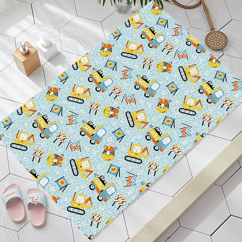 Frendorf | Kinder Kinderzimmerteppich in Blau Autos & Straßen Bagger Zebra Druck Teppich PVC Maschinenwaschbarer Teppich