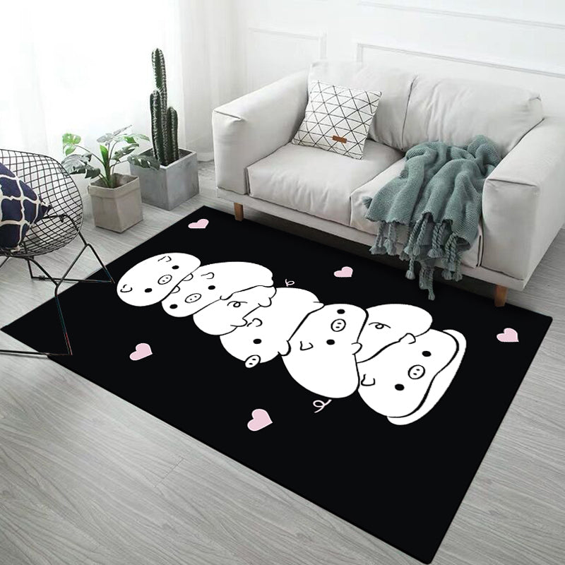 Frendorf | Kinderzimmerteppich in Schwarz und Pink mit Tierdruck Huhn Einhorn Schwein Teppich Polyester Anti-Rutsch Bereichsteppich