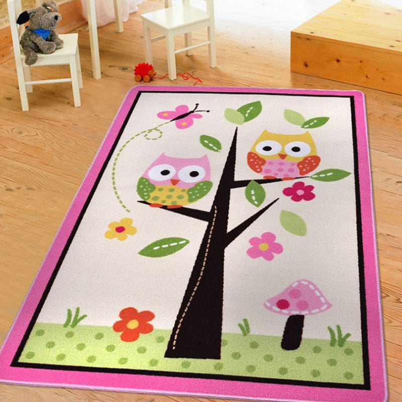 Frendorf | Kinderen Kinderkamer Tapijt in Roze en Groen Dieren Uil Bloem Boom Print Tapijt Polyester Vlekbestendig Gebied Tapijt