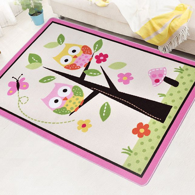 Frendorf | Kinderen Kinderkamer Tapijt in Roze en Groen Dieren Uil Bloem Boom Print Tapijt Polyester Vlekbestendig Gebied Tapijt