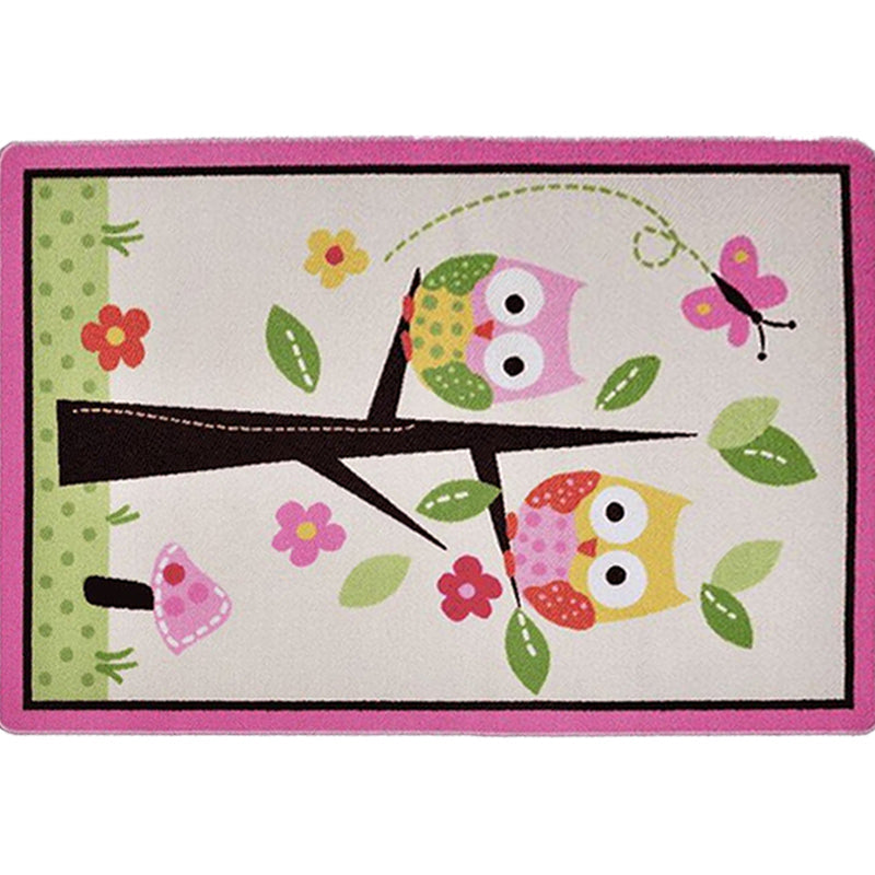 Frendorf | Kinderen Kinderkamer Tapijt in Roze en Groen Dieren Uil Bloem Boom Print Tapijt Polyester Vlekbestendig Gebied Tapijt