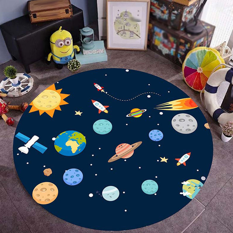 Frendorf | Blauer Teppich für das Kinderzimmer Weltraum Planeten Galaxie Flugzeug Muster Bereichsteppich Polyester Antirutsch Teppich