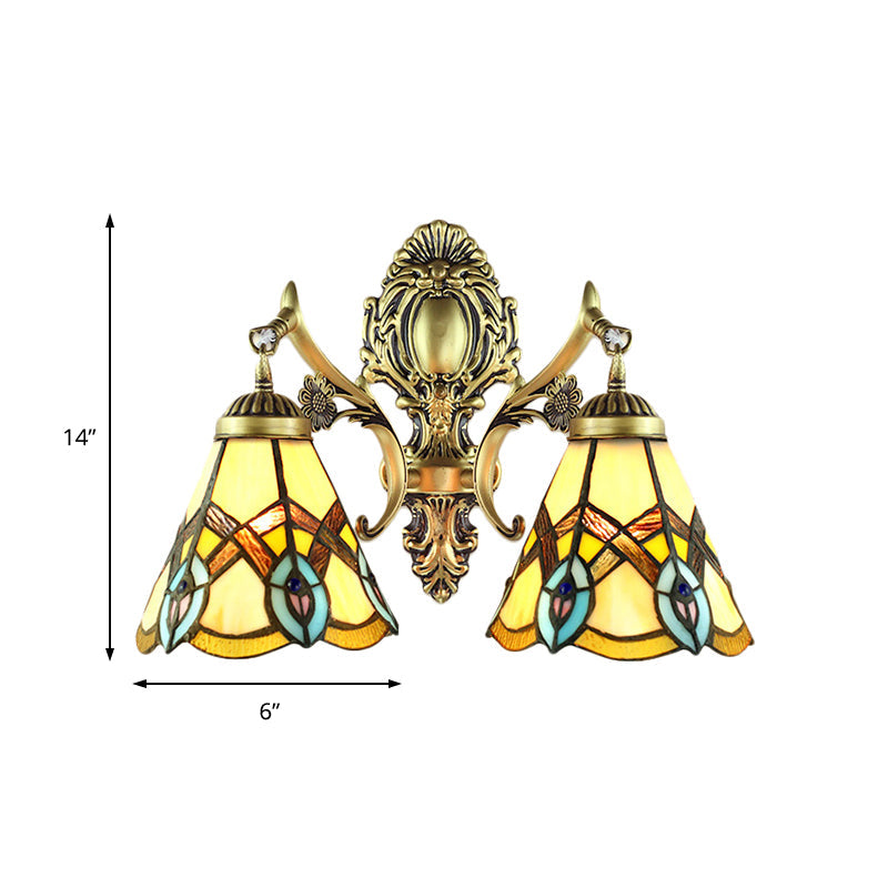 Frendorf | Rustiek Tiffany Wandverlichting Gekleurde Glas 2 Lichten Binnen Wandverlichting in Verouderd Messing