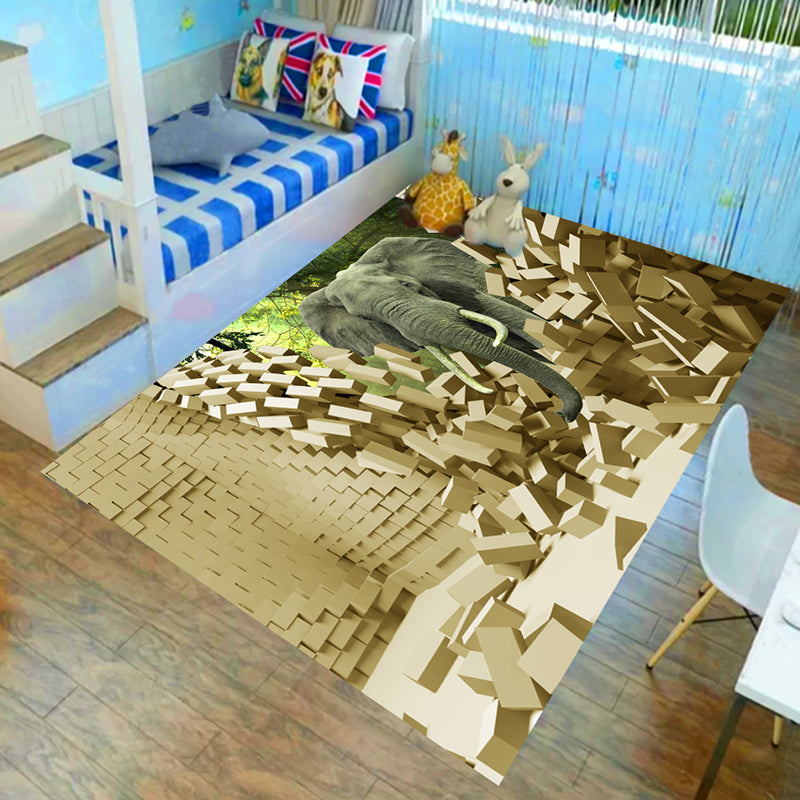 Kinder Kinderzimmer Teppich in Braun und Grün Tier Löwe Elefant Reh Druck Teppich Polyester Rutschfester Teppich