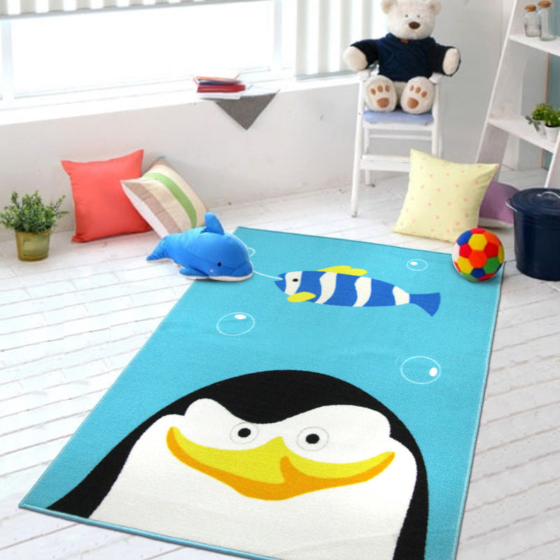Frendorf | Süßer Kinderteppich in grün und blau mit Tiermuster Löwe Panda Pinguin Teppich Polyester rutschfester Teppich für das Kinderzimmer