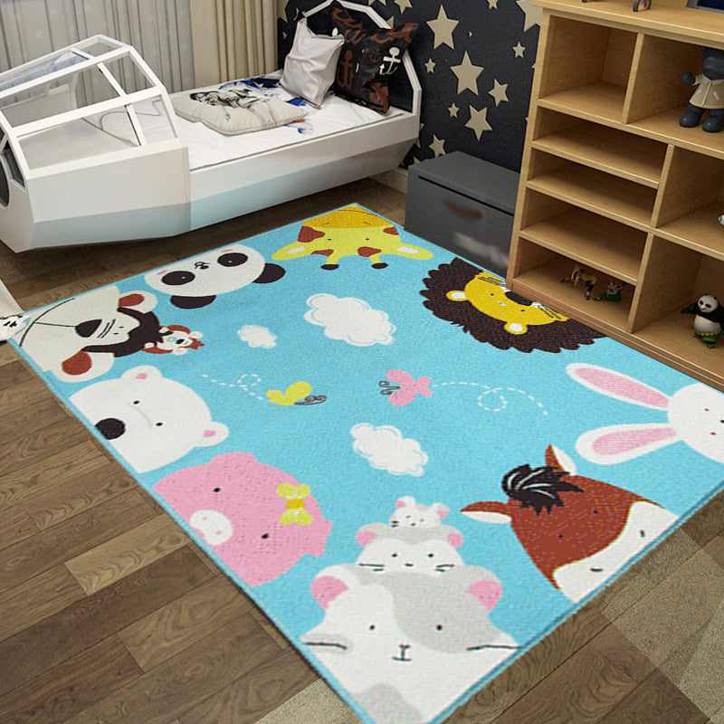 Frendorf | Süßer Kinderteppich in grün und blau mit Tiermuster Löwe Panda Pinguin Teppich Polyester rutschfester Teppich für das Kinderzimmer