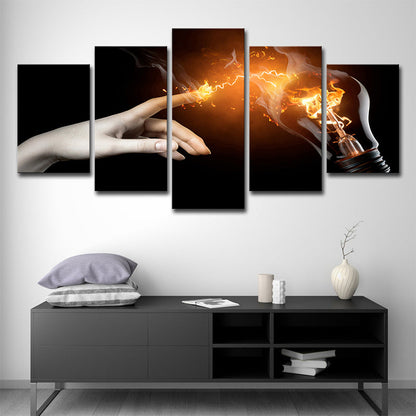 Hand und Glühbirne Leinwand Moderne Kreative Magie Wandkunst in Gelb auf Schwarz