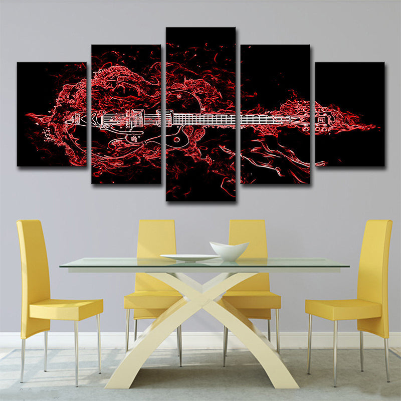 Frendorf | Rode Muzikale Canvas Wandkunst Gitaar Moderne Stijl Multi-Stuk Wanddecoratie voor Slaapkamer