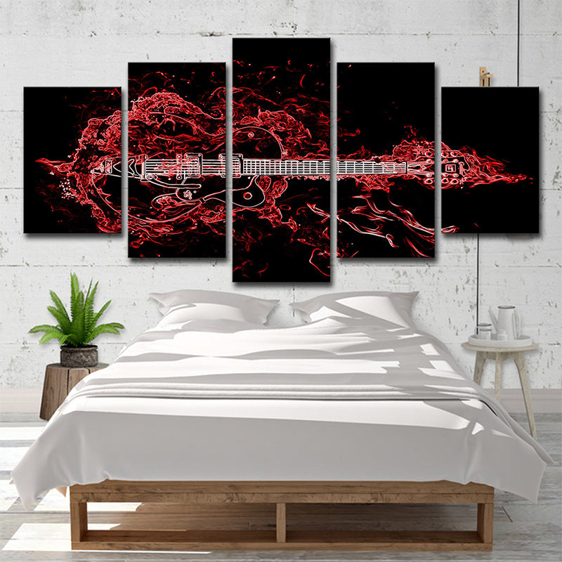 Frendorf | Rode Muzikale Canvas Wandkunst Gitaar Moderne Stijl Multi-Stuk Wanddecoratie voor Slaapkamer