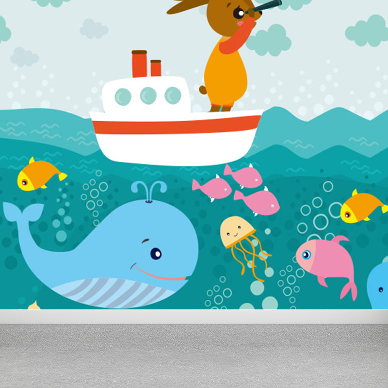 Blaues Ozean Tiere Wandgemälde Nautical Cartoon Wasserfest Wandkunst für Babyzimmer