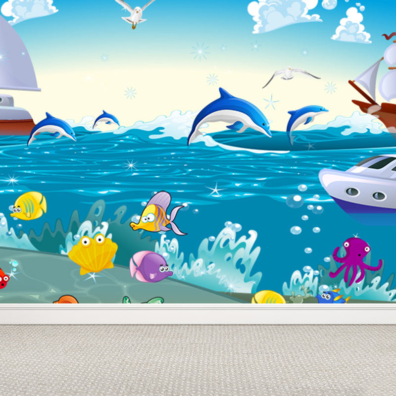 Blaues Ozean Tiere Wandgemälde Nautical Cartoon Wasserfest Wandkunst für Babyzimmer