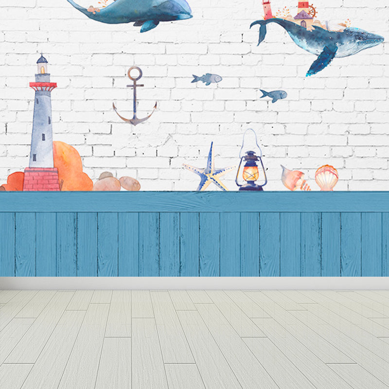 Blaues Ozean Tiere Wandgemälde Nautical Cartoon Wasserfest Wandkunst für Babyzimmer