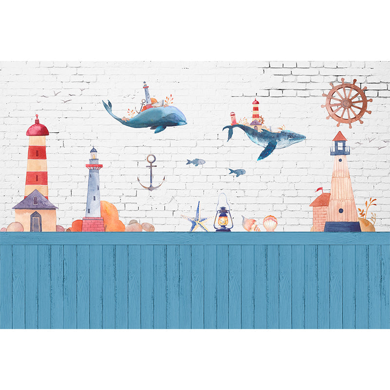 Blaues Ozean Tiere Wandgemälde Nautical Cartoon Wasserfest Wandkunst für Babyzimmer