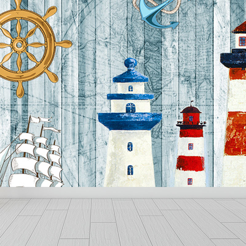 Maritimer Leuchtturm Tapetenwechsel Cartoon Vliesstoff Wanddekoration für das Wohnzimmer