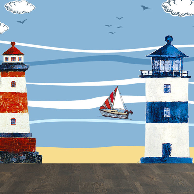 Maritimer Leuchtturm Tapetenwechsel Cartoon Vliesstoff Wanddekoration für das Wohnzimmer