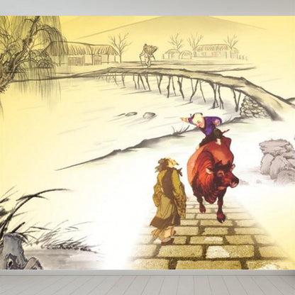 Country Cow und Figuren Wandaufkleber Klassisches Vliesstoff Texturiertes Wanddekor in Gelb