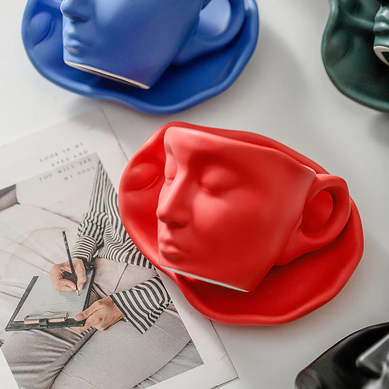 Frendorf | Metal Touching Face Kreative Keramische Kiss Kaffee Becher, Künstlerisches Vibe Becher & Untertasse Set