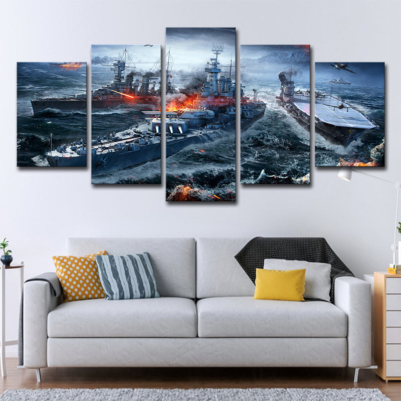 Frendorf | Moderne Spel Scene Oorlogsschip Canvas Blauw Multi-Piece Muurkunst Print voor Jongens Slaapkamer