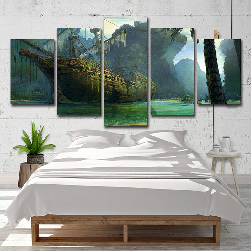 Grünes Shabby Segelboot Leinwanddruck Fantasie Kinder Stil Multi-Stück Wandkunst für Zuhause