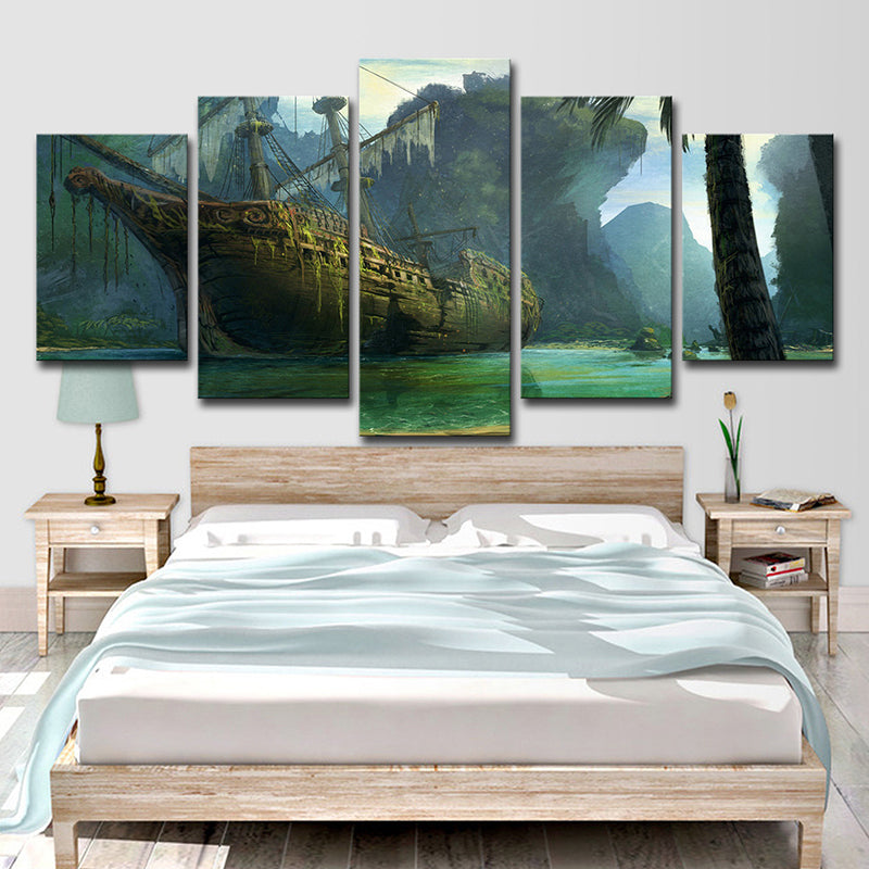 Grünes Shabby Segelboot Leinwanddruck Fantasie Kinder Stil Multi-Stück Wandkunst für Zuhause