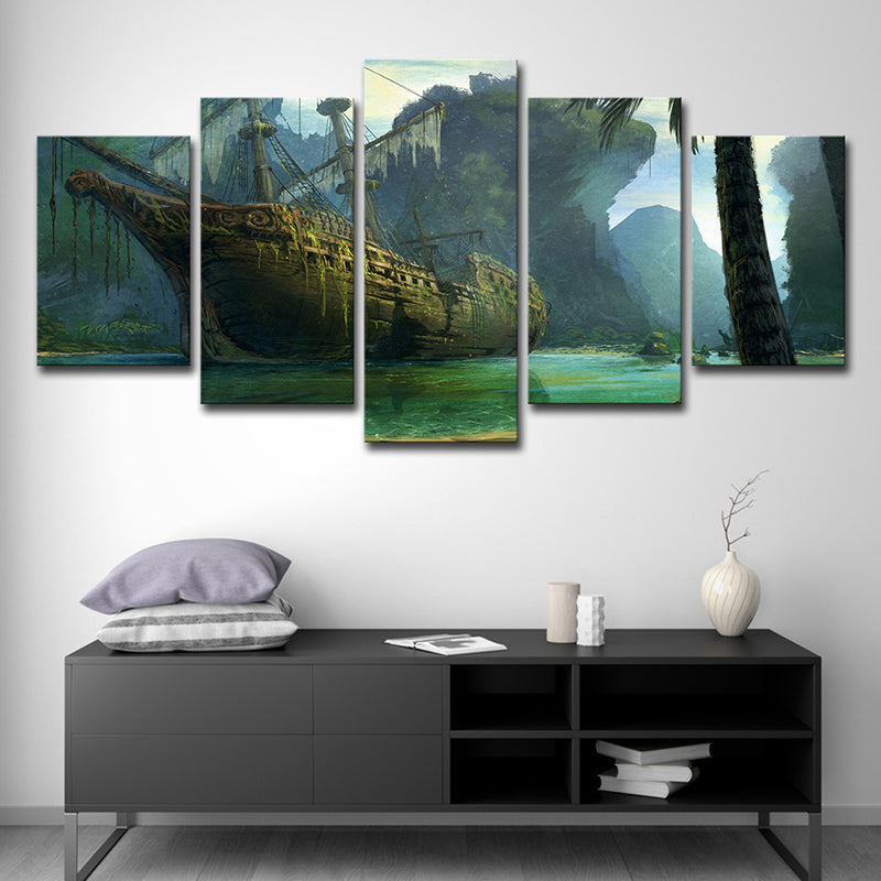 Grünes Shabby Segelboot Leinwanddruck Fantasie Kinder Stil Multi-Stück Wandkunst für Zuhause