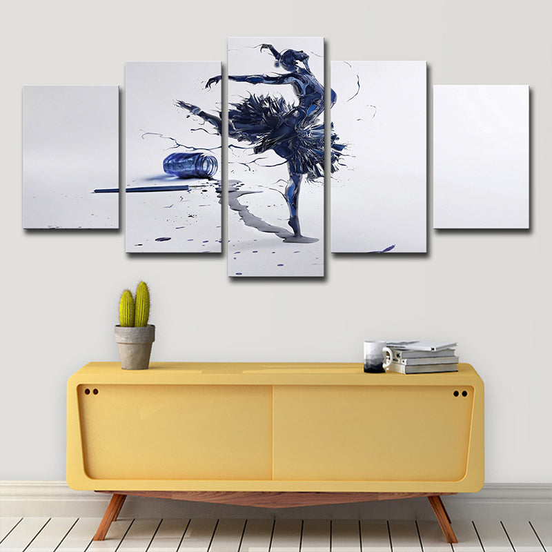 Digitaler Druck Modernistisches Leinwandkunstwerk mit Ballerina tanzendes Muster in Blau auf Weiß