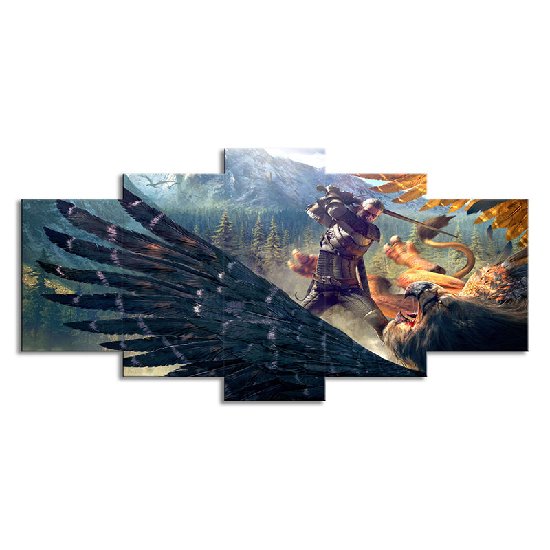 Dunkelblaue Kinder Wandkunst Digitaldruck Witcher Kampf gegen Adler Spielszene Leinwand für Zimmer
