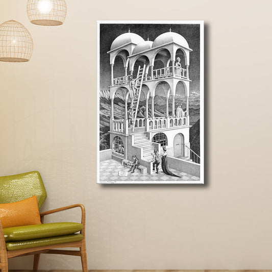 Frendorf | 3D Effect Potlood Wachtturm Kunstprint Grijze Canvas Muurdecoratie, Getextureerd