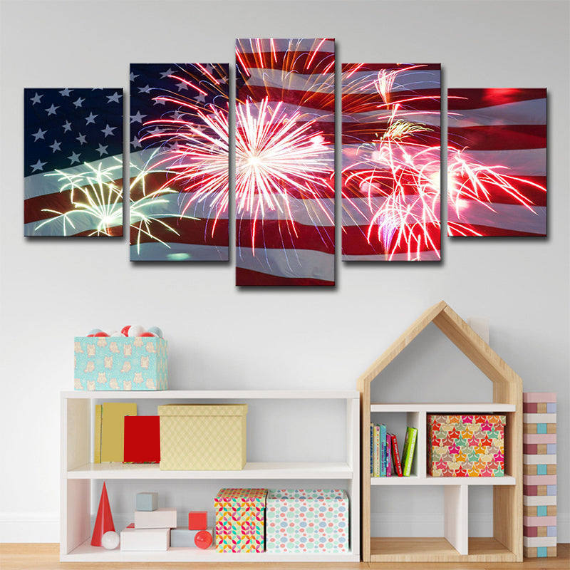 Frendorf | Modernistische Vlag en Vuurwerk Canvas Huis Interieur Wandkunstafdruk in Rood en Blauw