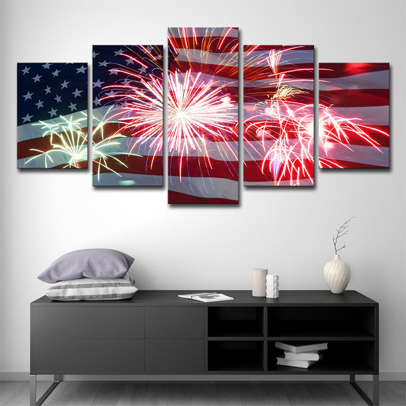 Frendorf | Modernistische Vlag en Vuurwerk Canvas Huis Interieur Wandkunstafdruk in Rood en Blauw