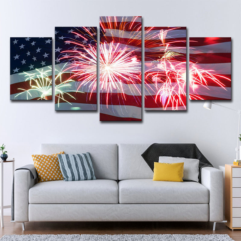Frendorf | Modernistische Vlag en Vuurwerk Canvas Huis Interieur Wandkunstafdruk in Rood en Blauw