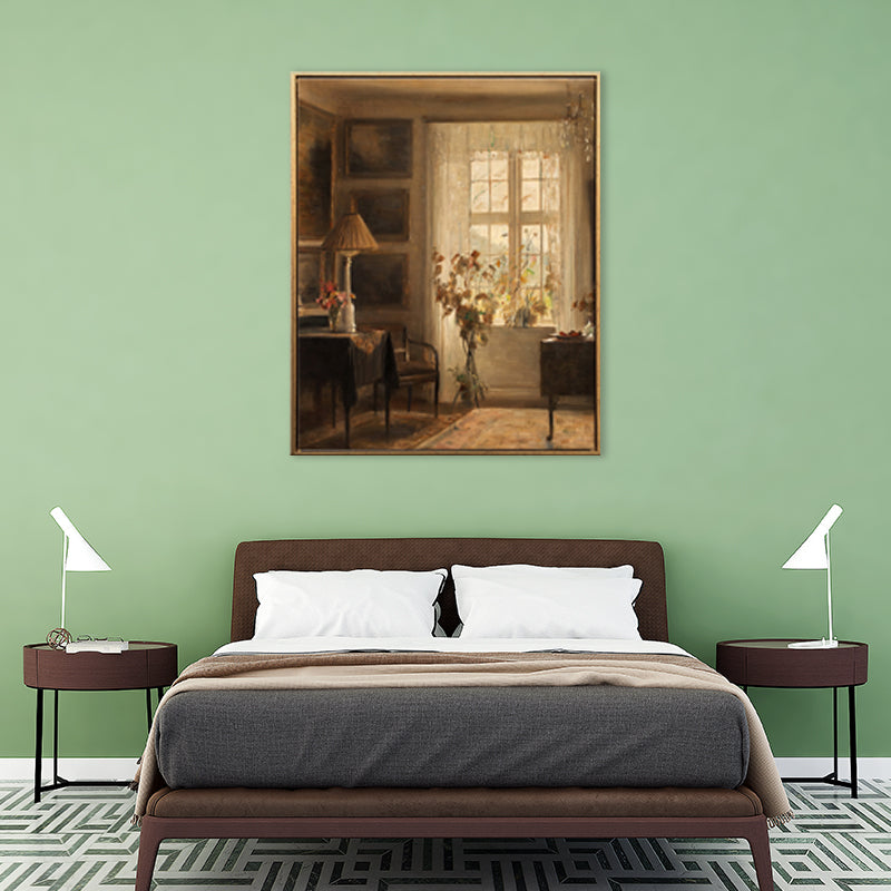 Frendorf | Braune Fensterlandschaft Kunstdruck Rustikaler Texturierter Eingewickelter Canvas für Esszimmer (Mehrere Größenoptionen)